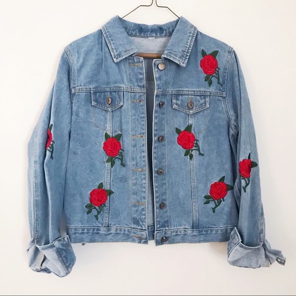 jean jacket with red roses